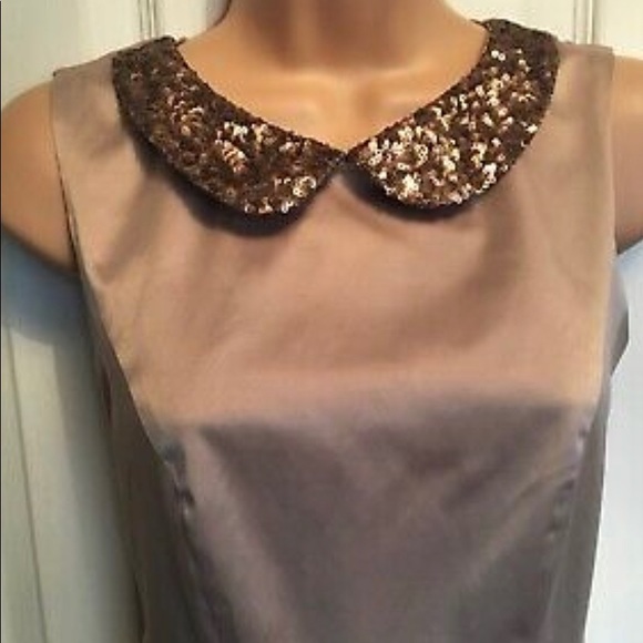Satin sand colored skater dress with sequin collar - Picture 2 of 9